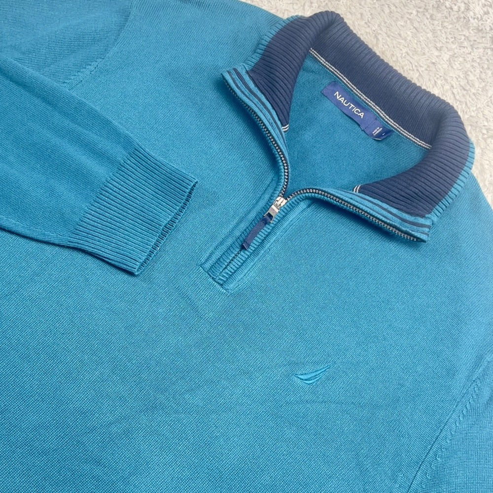 Nautica Sweater Mens Large Teal Blue Cotton Viscose Blend Quarter Zip Pullover